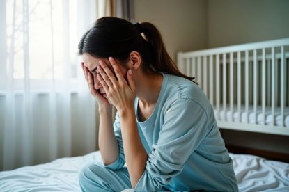 © Maryna - stock.adobe.com Foto: Frau sitzt auf Bett mit Händen vorm Gesicht